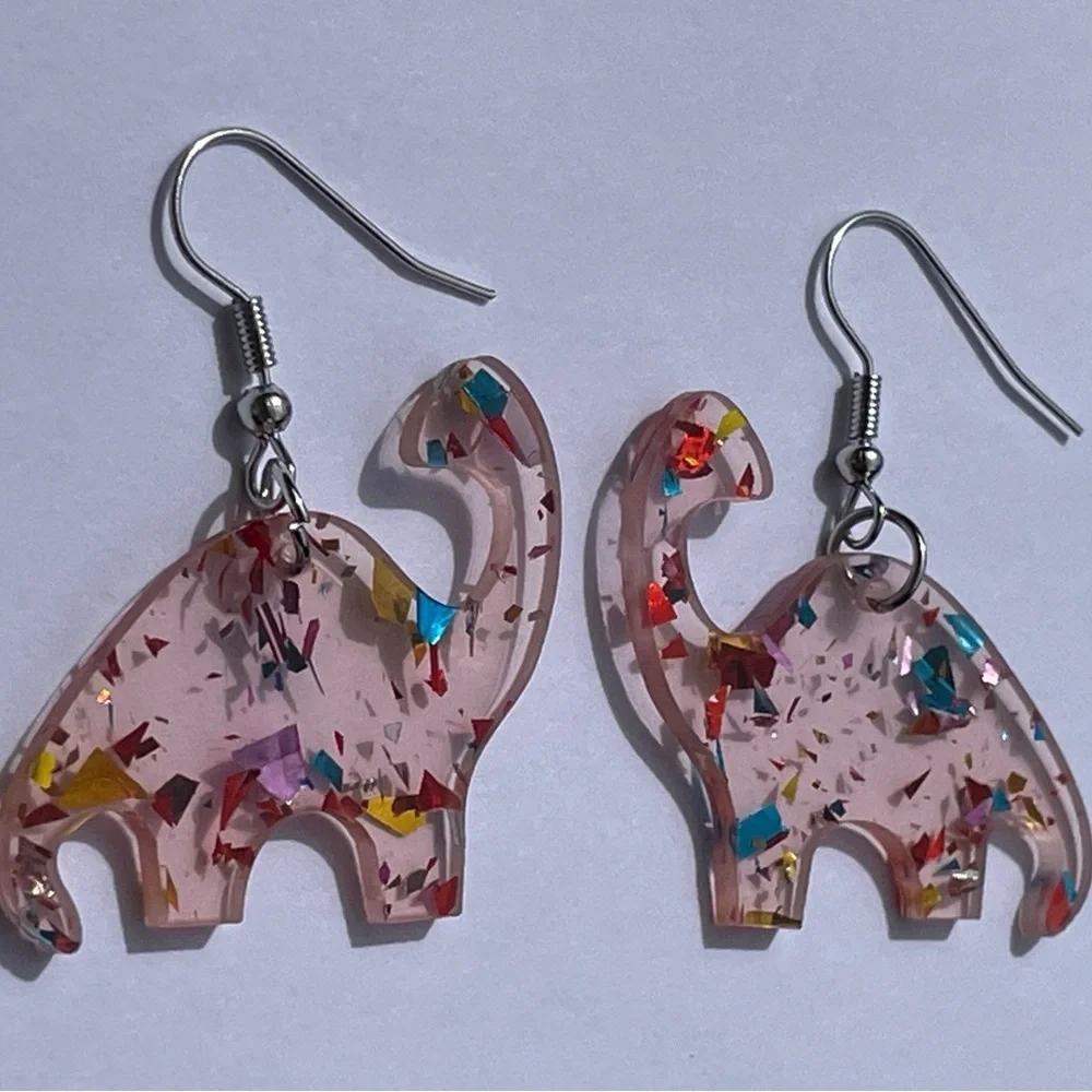🦕 RAWR Dinosaur brontosaurus earrings acrylic dino clear confetti glitter